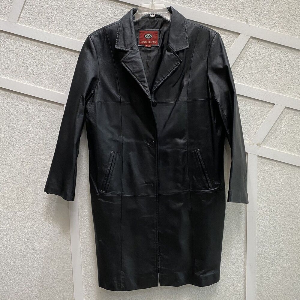 MARC MATTIS Black Leather Jacket XL Women’s Trench Coat Mid Length 90s Aesthetic